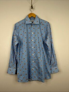 Eton Dress Shirt Mens 42 16.5 Blue White Check Cotton Long Sleeve Bulldog Print